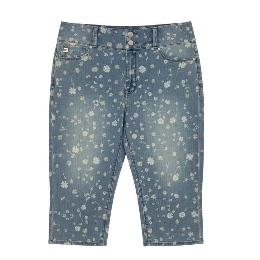 Seven 7 Jean Tummyless Denim Bermuda Shorts Floral Daisy Blue White 14